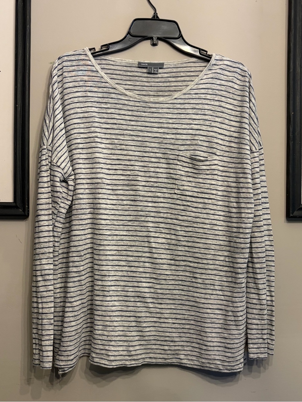 Vince Linen Long Sleeve Stripe Grey Shirt Size L